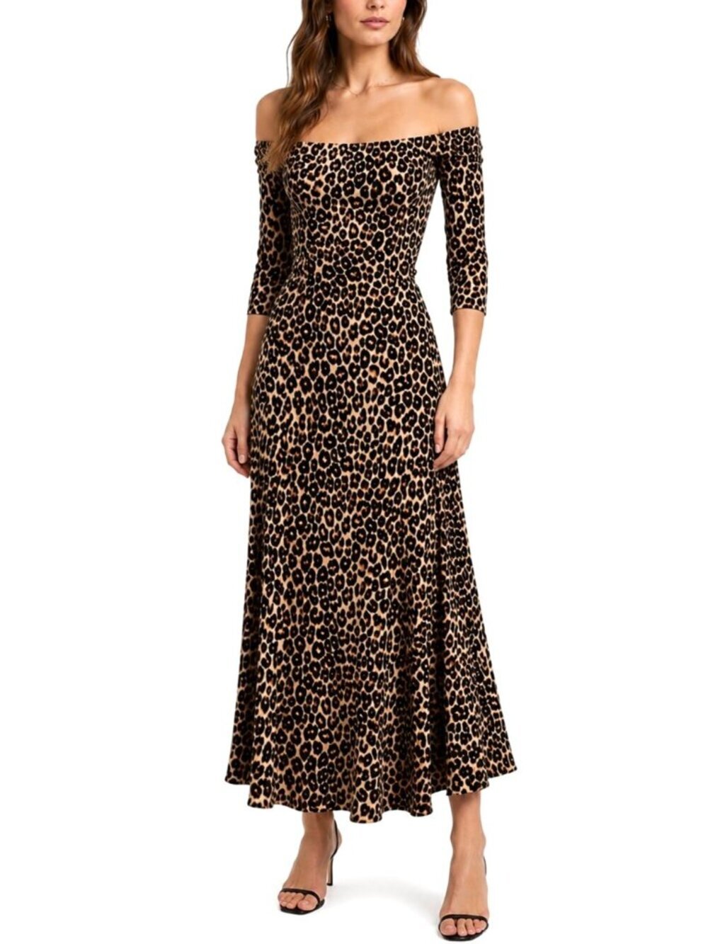 Reformation Ballari Leopard Off Shoulder Midi Dress